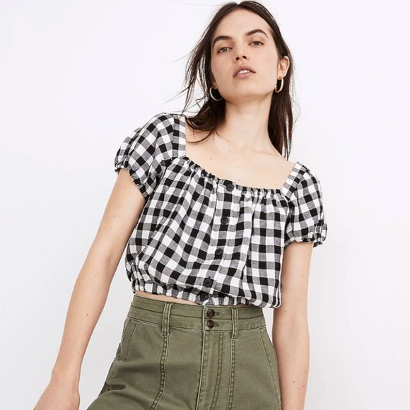 Madewell Linen-Blend Puff-Sleeve Button-Front Crop Top in Gingham Check - Picture 1 of 9